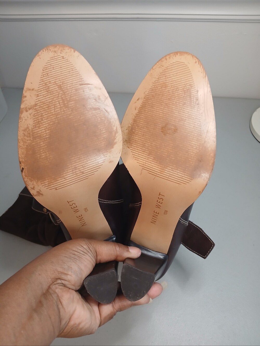 Chocolate Brown Suede & Leather Stacked Heel Mid Calf Boots 10M - Picture 10 of 12